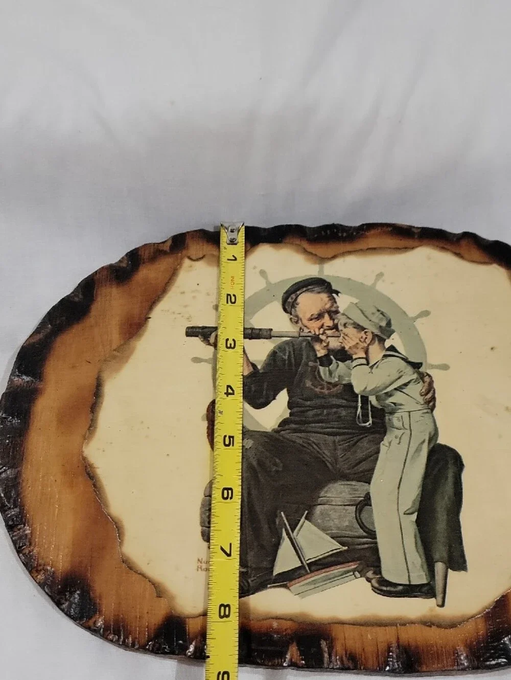 Hand Crafted Nautical Sailor & Child Wood Plaque - Brown & Cream Vintage 1983